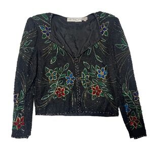 SCALA Black Embellished Beaded Floral Formal Evening Jacket Top Women's Size S